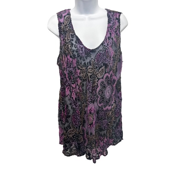 Uru Tops - URU Silk Blend Velvet Burnout Floral Tank Top Purple Black Tunic XL USA